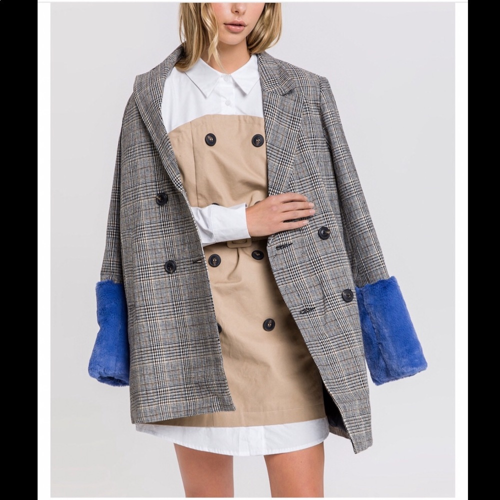 HTF💙NWT—ENGLISH FACTORY Plaid Jacket w/Plush Cornflower-Blue, Faux-Fur Cuffs 💙